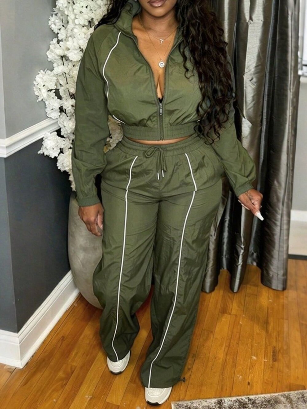 Army Green Casual Women's Collared Zipper Raglan Pants & Jacket Set